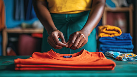 Hands carefully folding a fresh cotton shirt on a table, with a stack of folded clothes and clean laundry items neatly arranged in the background. --chaosの素材