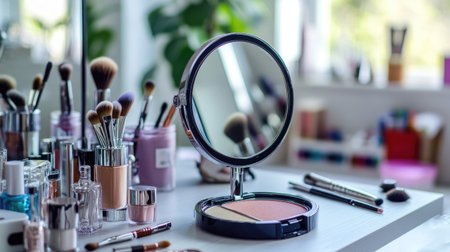 A double-sided desktop mirror with magnification, set on a vanity with makeup items and brushes scattered around in a bright, airy room. --chaosの素材