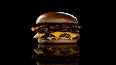 Triple beef burger layered with crispy bacon and melted cheese, served on a toasted bun. The black background adds a gourmet touch. --chaosの素材