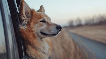 A dog enjoying a road trip with its head sticking out of the car window, feeling the wind as the car drives along a quiet country road. --chaosの素材
