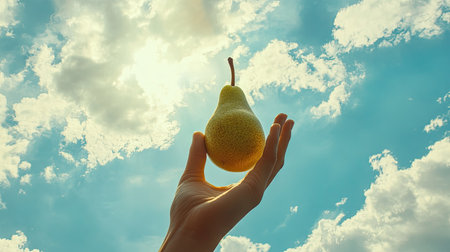 A hand lifting a fresh pear towards the sky, with soft clouds in the background and sunlight highlighting the fruit's green skin. --chaosの素材