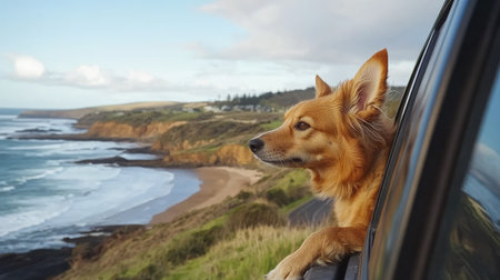 A dog leaning out of a moving car window, ears blowing back, enjoying the road trip as the car drives along a scenic coastal road. --chaosの素材