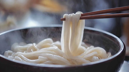 Close-up of a bowl of noodles with chopsticks lifting them up, with steam rising and the rich texture of the noodles visible. --chaosの素材