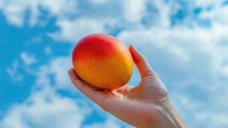 A hand presenting a ripe mango against a cloudy blue sky, with the fruit's vibrant colors contrasting with the soft cloudscape. --chaosの素材