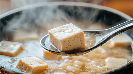 A spoonful of clear soup with egg tofu and minced pork being lifted from a bowl, with steam rising. --chaosの素材