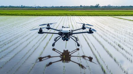 A drone hovering above a rice field, capturing the symmetry of the planted rows and the tranquil agricultural scene below. --chaosの素材