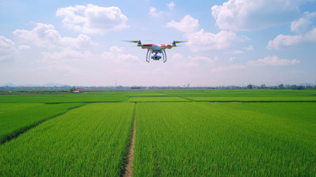 A drone soaring above rice fields, capturing the straight lines of planted crops under a bright, sunny sky. --chaosの素材