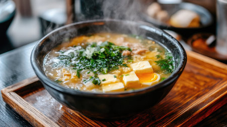 A steaming bowl of clear soup with egg tofu, minced pork, and fresh herbs, served on a wooden tray. --chaosの素材