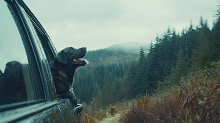 A dog hanging out of a car window on a road trip, with its tongue out and a forested landscape passing by in the background. --chaosの素材