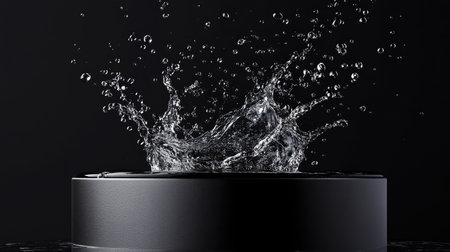 Black podium with water splash cascading over the edges, droplets caught in motion, adding a sense of fluidity and excitement. --chaosの素材