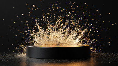 Black podium with a dynamic water splash surrounding it, droplets frozen in mid-air, creating a dramatic and refreshing visual effect. --chaosの素材
