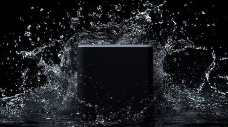 Black podium surrounded by swirling water splash, with droplets captured in mid-flight, creating a sense of energy and motion. --chaosの素材
