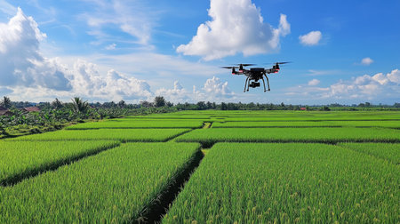A drone flying over lush green rice fields, capturing aerial views of the agricultural landscape, with blue sky and scattered clouds above. --chaosの素材