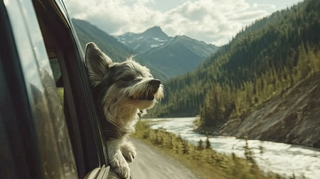 A dog with its head out of the car window, ears flying in the wind, enjoying the road trip as the vehicle drives along a scenic mountain route. --chaosの素材