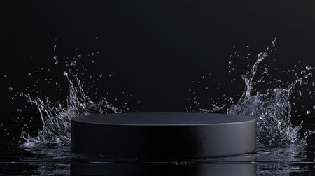 Black podium highlighted by a surrounding water splash, droplets frozen as they cascade down, set against a dark background. --chaosの素材