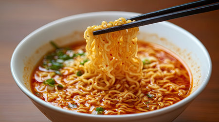 Chopsticks picking up a portion of noodles from a bowl of spicy Asian soup, with a vibrant broth and garnishes in the bowl. --chaosの素材