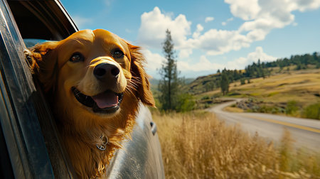 Close-up of a dog with its head out of the car window, experiencing the thrill of a road trip, with a rural road and fields in view. --chaosの素材