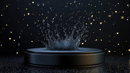 Black podium with water splashing upward in a dramatic burst, droplets caught in high detail, set against a dark background. --chaosの素材