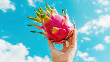 A hand lifting a dragon fruit towards the sky, with its vibrant pink skin standing out against the blue sky and scattered clouds. --chaosの素材