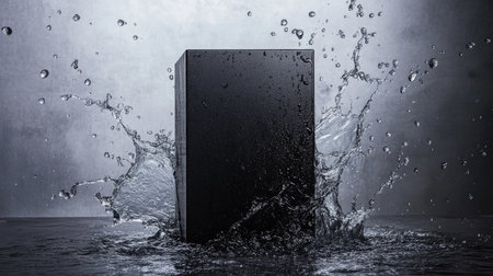 Black podium standing tall amidst a swirling water splash, droplets suspended in the air, evoking a sense of luxury and motion. --chaosの素材