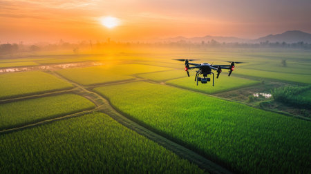 A drone soaring over rice paddies at dusk, with the last rays of sunlight casting a warm glow over the green fields below. --chaosの素材