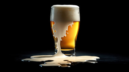 Beer glass filled with fresh lager on a black background, foam head spilling slightly, highlighting the vibrant color of the drink. --chaosの素材