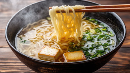 Chopsticks holding a portion of noodles above a bowl of miso soup, with steam curling up and tofu pieces visible in the broth. --chaosの素材