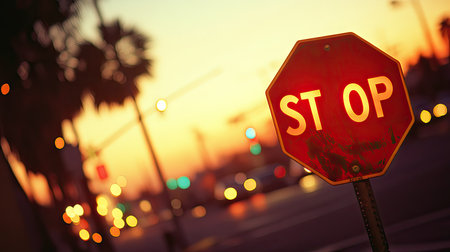 Classic red stop sign at a street corner, with a blurred urban background, taken from a low angle to emphasize the bold lettering. --chaosの素材