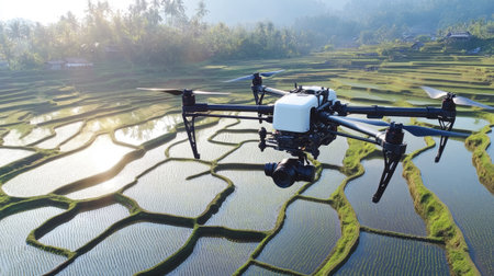 A drone equipped with a camera flying above a vast rice field, with the morning sun casting long shadows on the green paddies. --chaosの素材