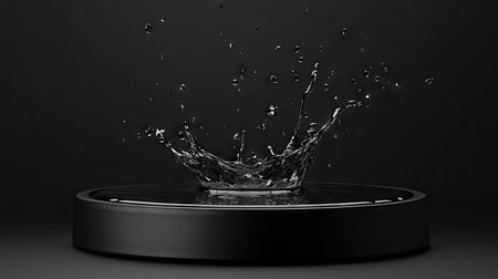Black podium with water splashing upward in a dramatic burst, droplets caught in high detail, set against a dark background. --chaosの素材