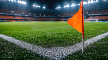 Close-up of a corner flag on a football pitch, with empty stadium seats and rows of floodlights in the background. --chaosの素材