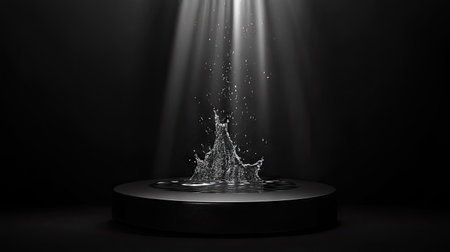 Black podium with water splashing upward in a dramatic burst, droplets caught in high detail, set against a dark background. --chaosの素材
