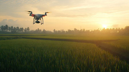A drone soaring over rice paddies at dusk, with the last rays of sunlight casting a warm glow over the green fields below. --chaosの素材