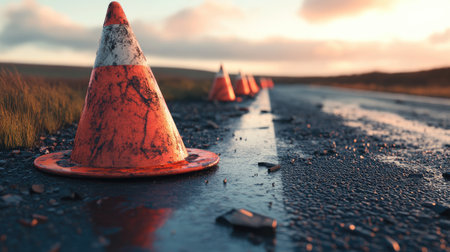 Close-up of a traffic cone lying on its side, knocked over on the road, with other cones still standing nearby. --chaosの素材