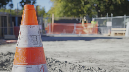 Close-up of a traffic cone in front of a construction site entrance, with fencing and caution signs in the background. --chaosの素材
