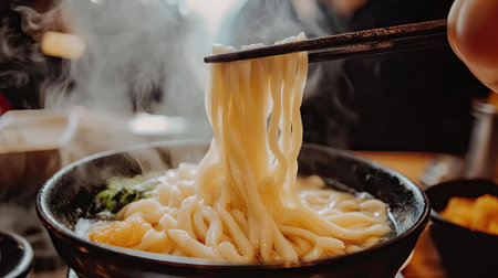 Chopsticks lifting a serving of udon noodles from a bowl, with steam and a rich, flavorful broth in the background. --chaosの素材