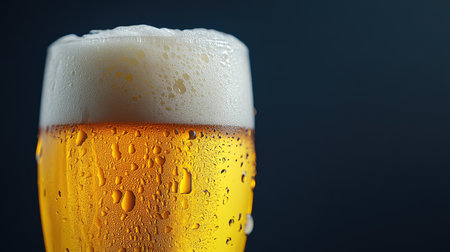 Close-up of a beer glass with foam on a dark background, showcasing the texture and detail of the condensation on the glass. --chaosの素材