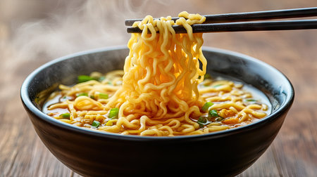 Chopsticks pulling up freshly cooked noodles from a bowl of Chinese-style soup, with steam and a variety of toppings. --chaosの素材