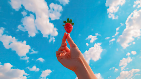 A person holding a fresh strawberry up to the sky, with scattered clouds and blue hues creating a beautiful background. --chaosの素材