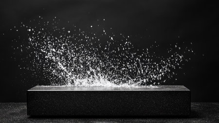 Black podium with an artistic water splash, droplets flying outward in all directions, captured in high detail for a refreshing effect. --chaosの素材
