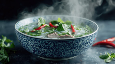 Bowl of Pho Bo soup with beef, garnished with fresh herbs and chili peppers, with steam rising from the aromatic broth. --chaosの素材