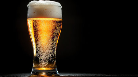 Beer glass placed on a black background, freshly poured with bubbles rising and foam settling at the top. --chaosの素材