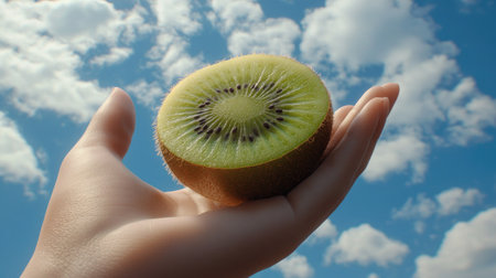Close-up of a hand holding a kiwi up to a cloudy blue sky, with the fruit's fuzzy texture contrasting against the soft clouds. --chaosの素材