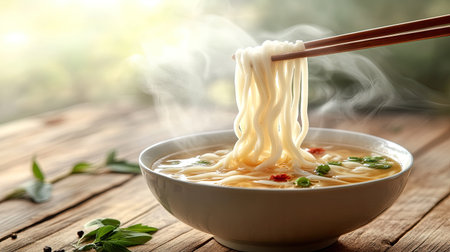 Chopsticks lifting a serving of udon noodles from a bowl, with steam and a rich, flavorful broth in the background. --chaosの素材