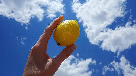 Close-up of a hand raising a lemon toward the sky, with a backdrop of blue sky and white clouds, symbolizing freshness and nature. --chaosの素材