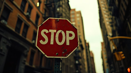 Classic red stop sign at a street corner, with a blurred urban background, taken from a low angle to emphasize the bold lettering. --chaosの素材