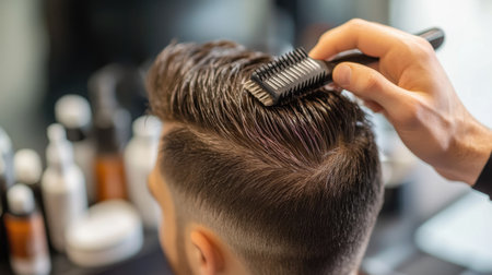 Close-up of a man using a hairbrush to style his short hair, with a focused expression and grooming products on a counter. --chaosの素材