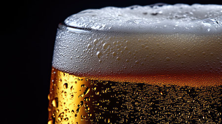 Close-up of a beer glass with foam on a dark background, showcasing the texture and detail of the condensation on the glass. --chaosの素材