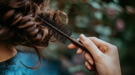 Close-up of a woman's hand holding a round brush, using it to curl her hair while styling, with a blurred background. --chaosの素材