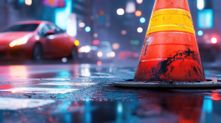 Close-up of a traffic cone with scuff marks and dirt, standing on a busy street with blurred car lights in the background. --chaosの素材